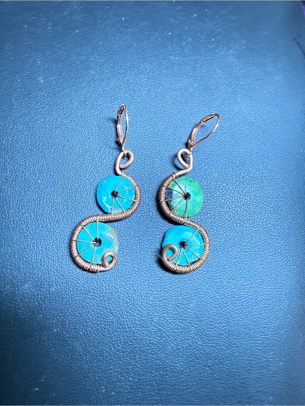 Artisan Made Turquoise Double-Disc Wire-Wrapped Drop Earrings